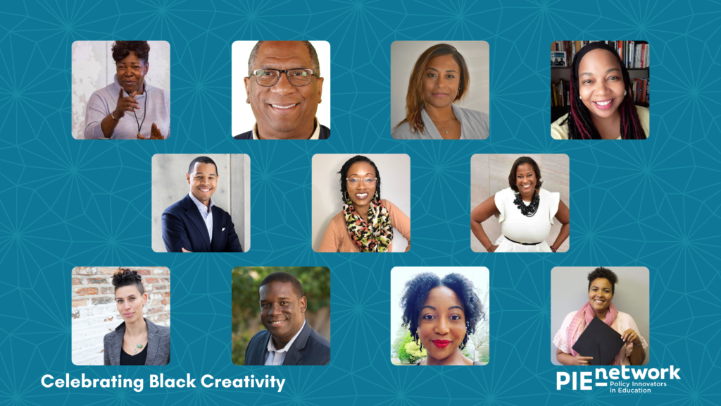 Collage of 11 Black Network leaders. They are pictured on a blue background with network nodes. The text in the bottom left corner reads "Celebrating Black Creativity". The PIE Network logo is in the bottom right corner.