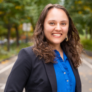 Portrait of Chandani in a black blazer with a blue blouse