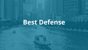 Skyline of Chicago with a blue overlay and the text "best defense"