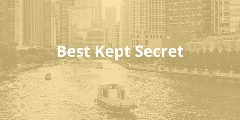 Skyline of Chicago with a yellow overlay and the text "best kept secret"